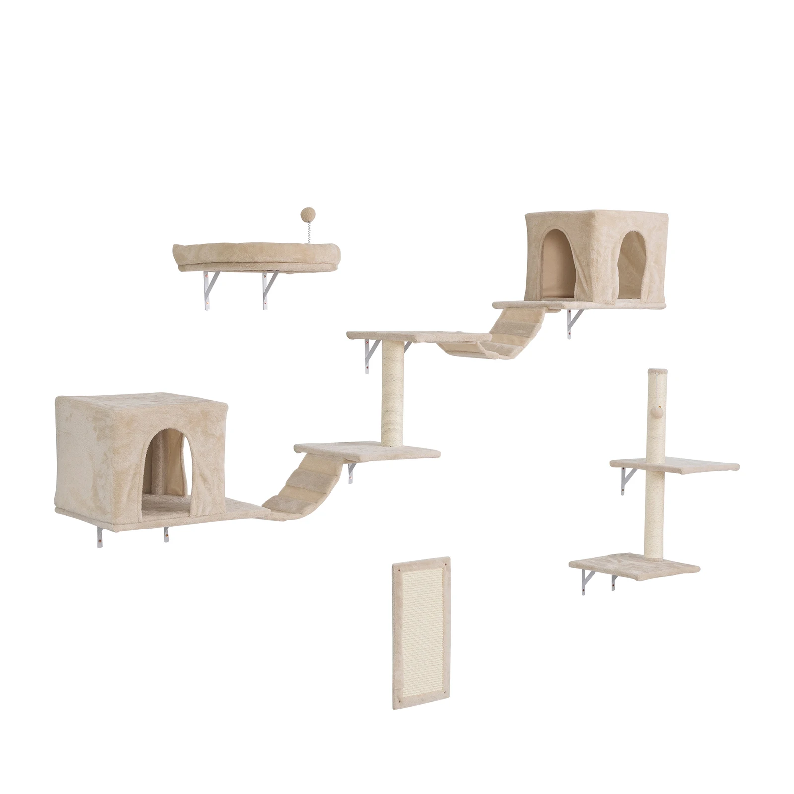 Wall-mounted Cat Tree, Cat Furniture with 2 Cat Condos House, 3 Cat Wall Shelves, 2 Ladder, 1 Cat Perch, Sisal Cat Scratching Po