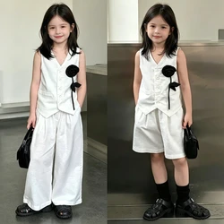 Little Girls Sleeveless Vest 2Pcs Outfit Black Rose Decor Wide Pants Kids Casual Photoshoot Birthday Daily Fashion Children Set