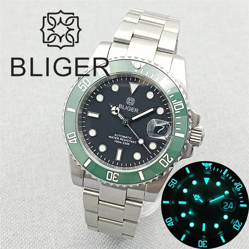 BLIGER 40mm NH35 Automatic Watch For Men Black Blue Green Ceramic Bezel Sapphire Glass Luminous Date Steel Strap Glide Clasp