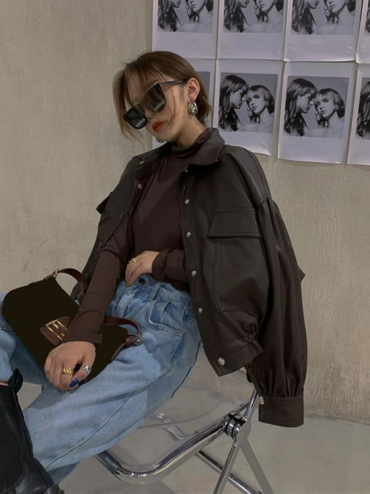 Jaqueta de couro vintage feminina, outwear solto, jaqueta fina de motociclista estilo coreano feminino, blusa de manga longa moto, outono, verão 2022