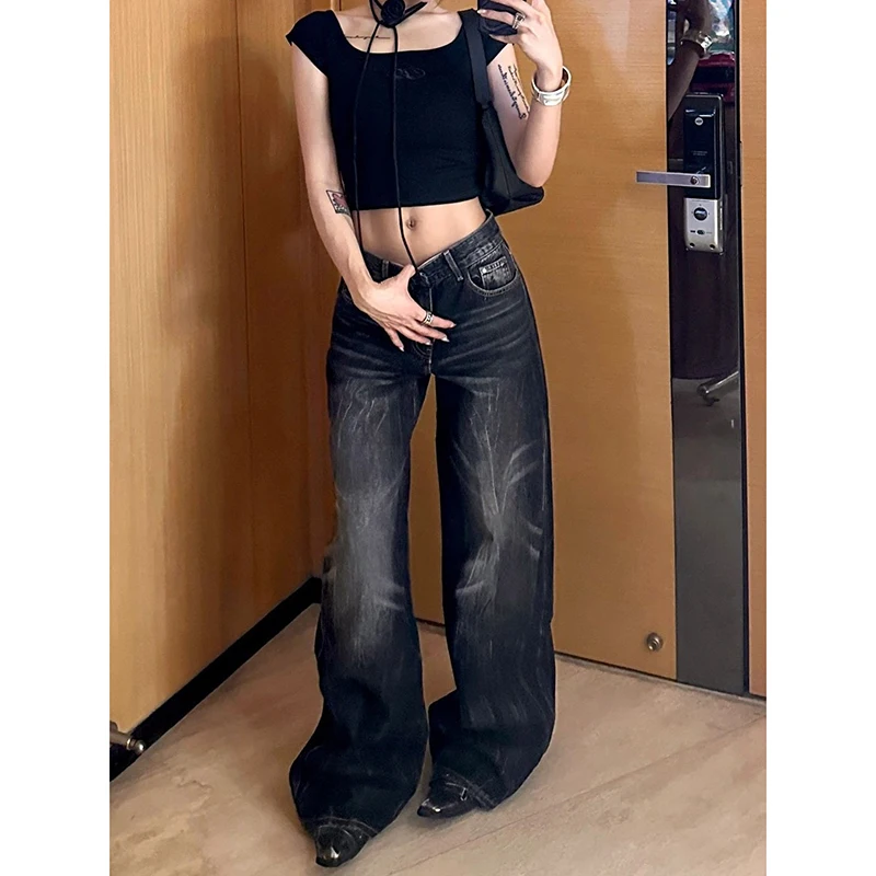

YIBASHU Women's Black Y2k Baggy Jeans Harajuku Japanese 2000s Style Denim Trousers American Vintage Jean Pants Trashy Clothes