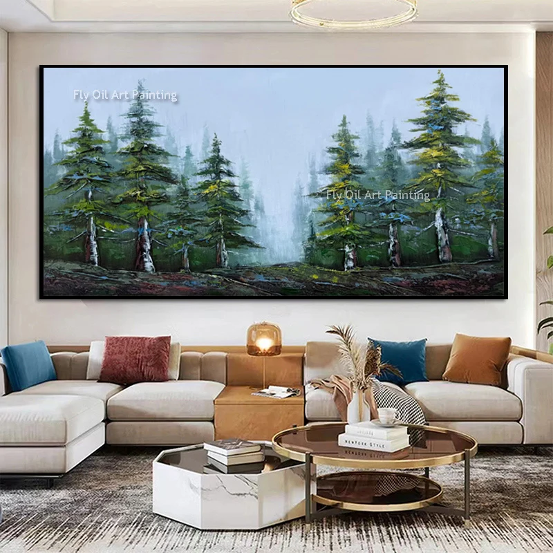 Large Popular Green White Tree Landscape Wall Art Decor For Living Room New Hand Drawn Modern Green Blue Forest Oil Painting As