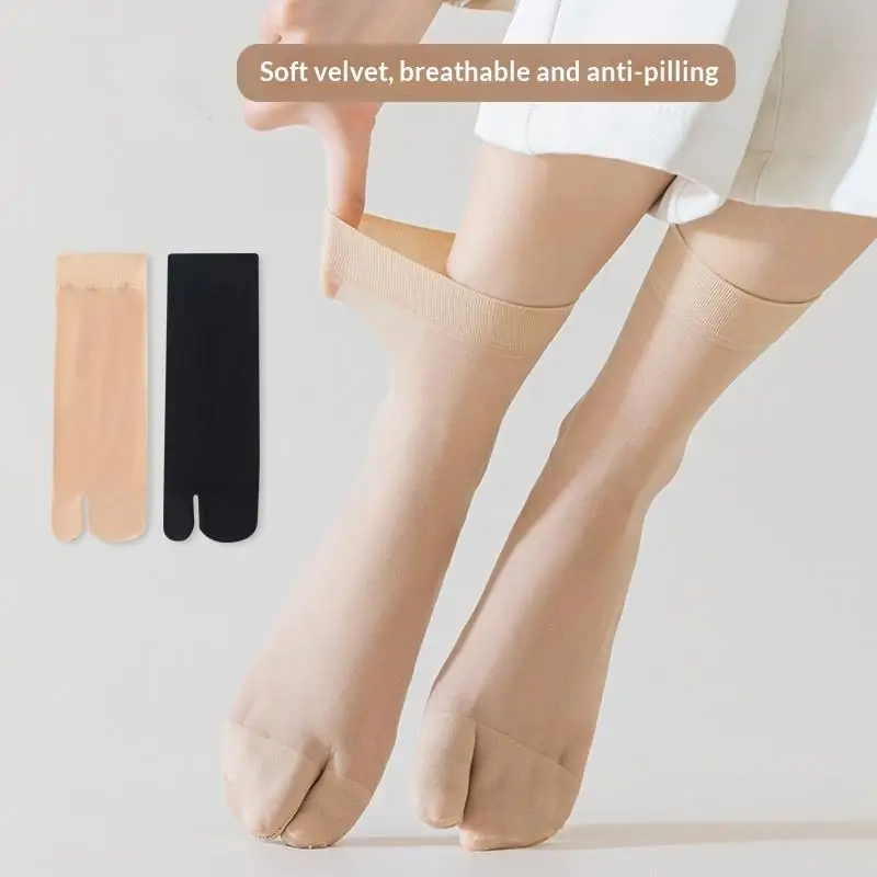 Women Ultra Thin Transparent Tabi Socks Solid Color Breathable Mid-Calf Split Toe Summer Silk Hosiery