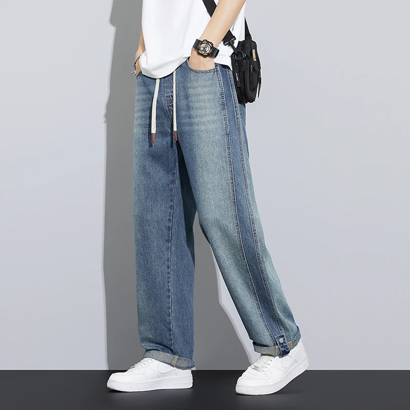 

Summer comfortable men's casual jeans fashion brand retro straight tube loose wide leg pants multifunctional pants elastic waist