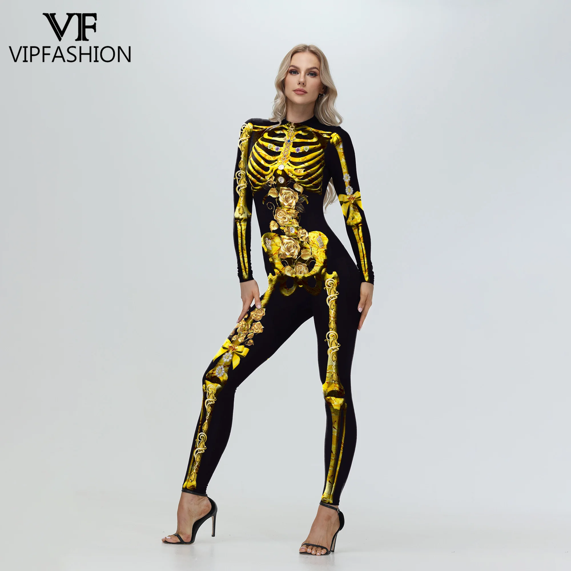

VIP FASHION Women's Halloween Gold Skeleton Print Jumpsuit Scary Party Costume Elastic Spandex Bodysuit Festival Cosplay Outfit