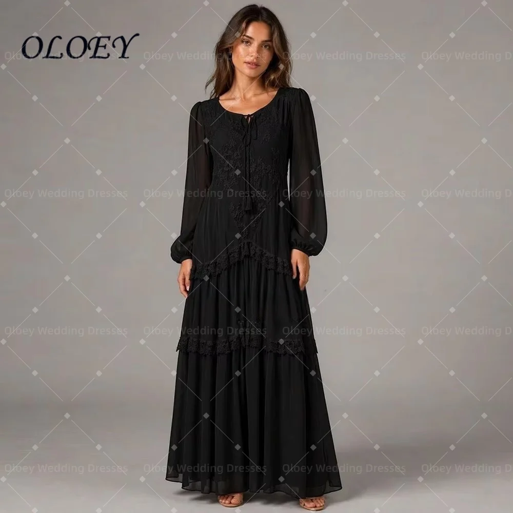 Oloey Customized Black Chiffon Evening Dress Long Sleeves Boho Embroidered Tiered Prom Gowns Formal Party Wear Vestidos