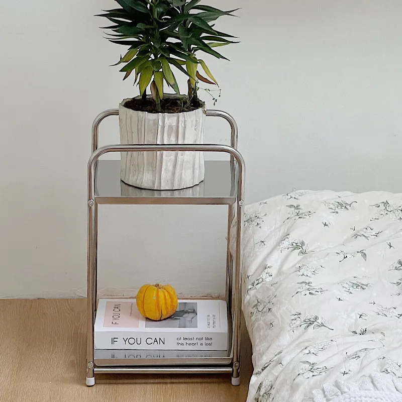 Nordic Inspired Side Table - Slim Profile Stainless Steel Nightstand, Minimalist Living Room Decor with Lower Shelf