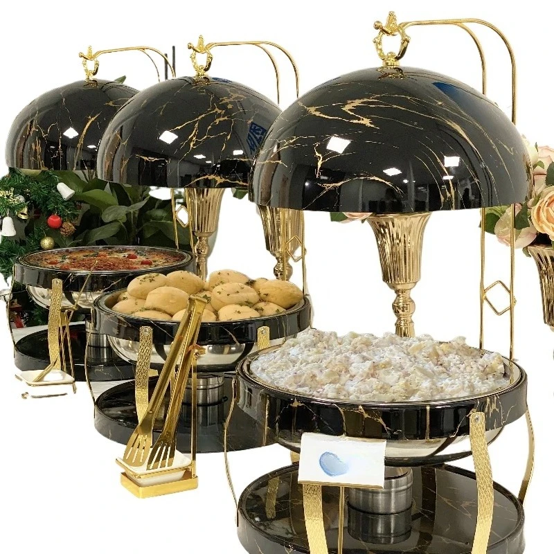 

Hotel Wedding Buffet Equipment Luxury Gold Heated Food Heater Chef Round Hanging Hot Pot