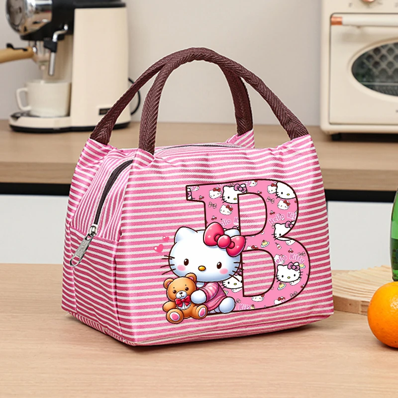 Sanrio Hello Kitty Tas Makan Siang Bergaris Kotak Bento Pelajar Tas Tangan Terisolasi Aluminium Foil Kartun Huruf Kantong Penyimpanan Makanan Portabel