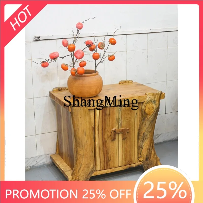 

CL ecological tea wood dining side cabinet Living room tea table bucket cabinet Small tea cart log edge furniture