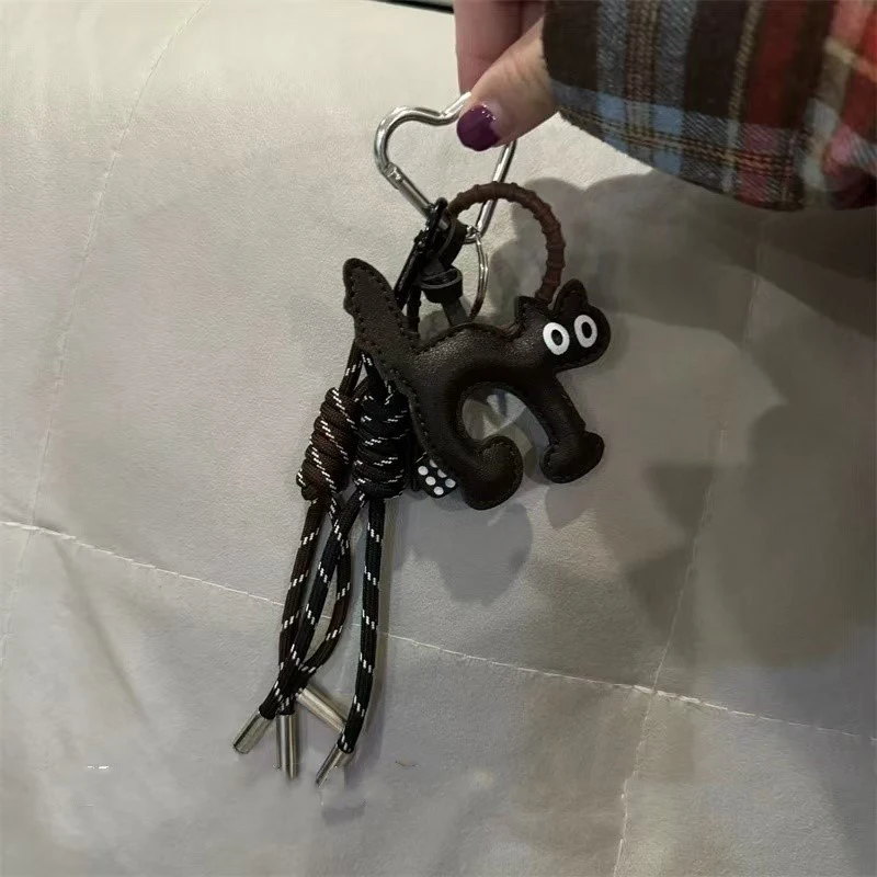 귀여운 가죽 고양이 펜던트 짠 로프 장식 커플 다기능 키체인 커플 선물