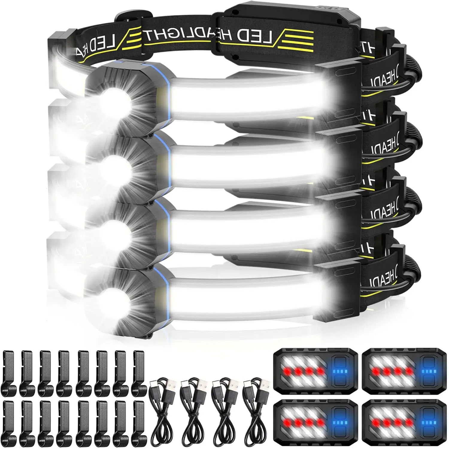 

1000 Lumen USB Rechargeable Headlamp with Red Taillight, 4 Pack Waterproof Lightweight for Camping Running Hiking