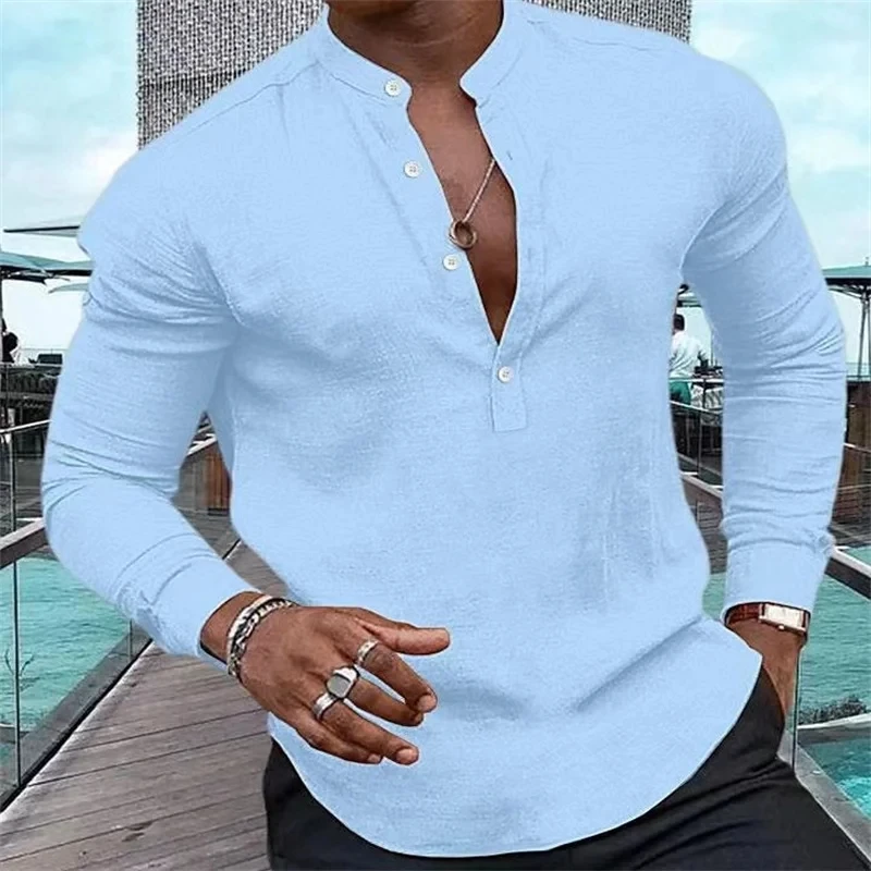 New Solid Color Fashion 4-Button Men\'s Long Sleeve Shirt Button Shirt Loose Henley V-neck Beach Top T-shirt High Quality Fabric