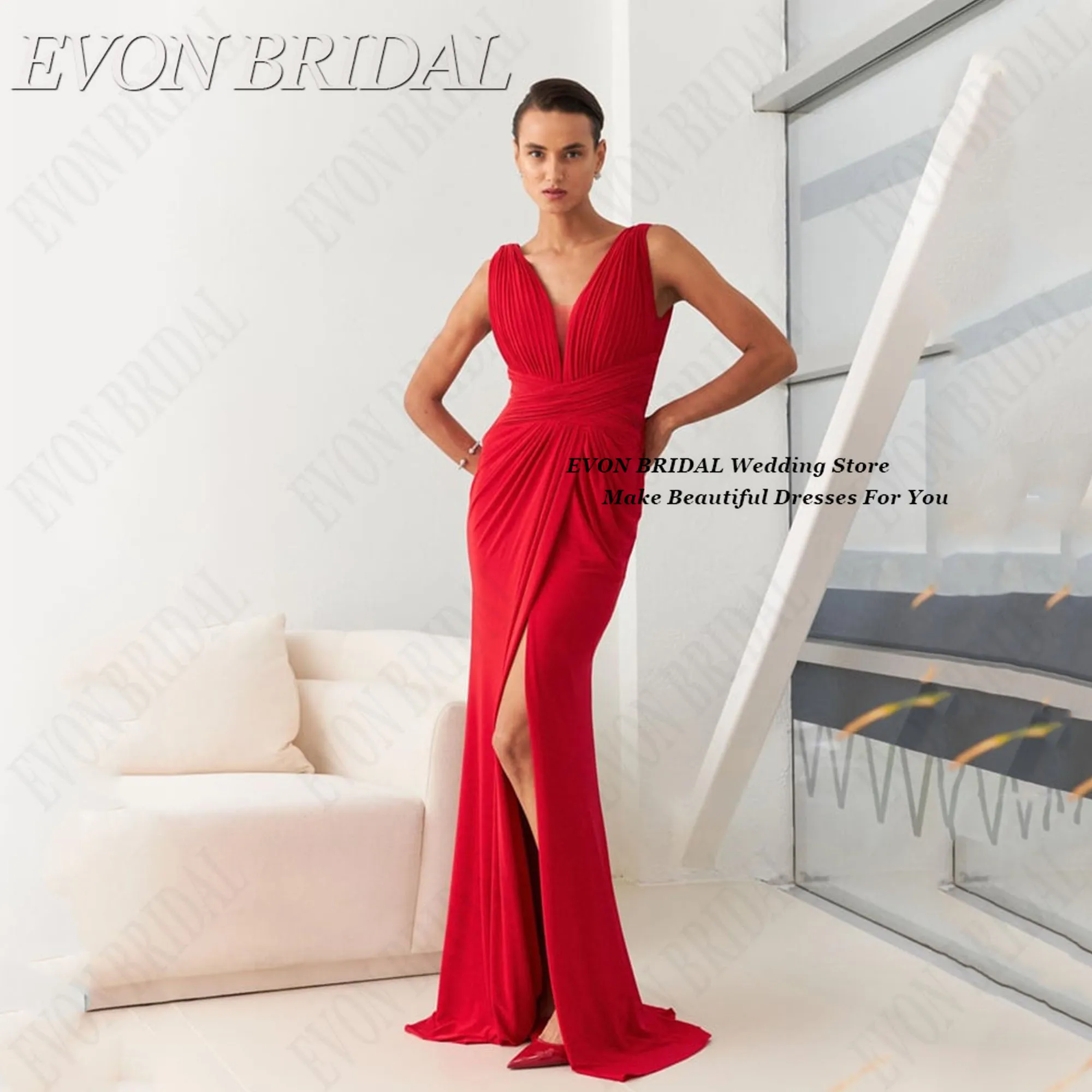 

EVON BRIDAL Red V-Neck Ball Gown High Split Red Carpet Party Dresses 2025 For Wedding Woman Fashion Ceremony Dress Customized