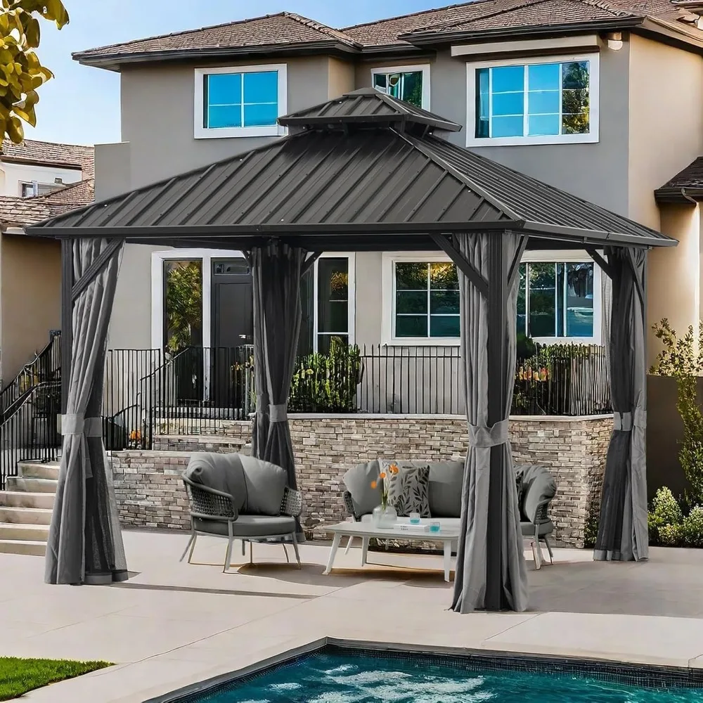 

12' X12' Hardtop Gazebo with Galvanized Steel Double Top Roof, Aluminum Outdoor Permanent Gazebo with Privacy Curtain and Metal