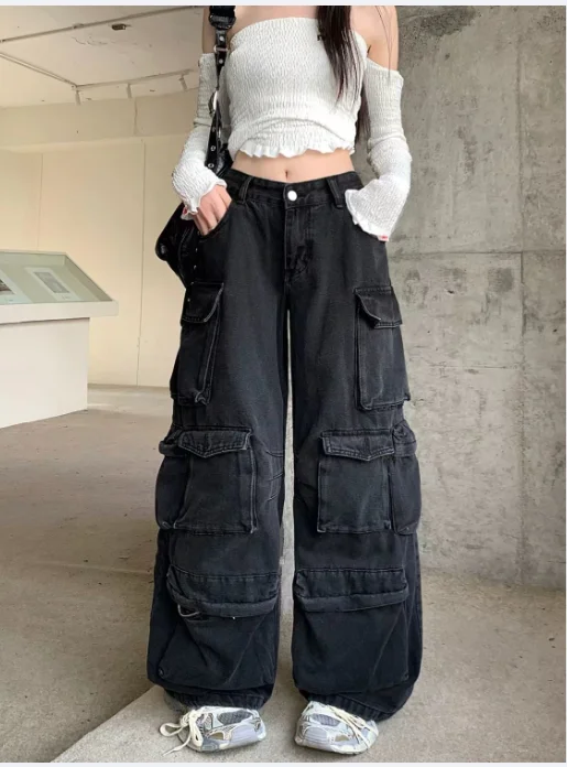 Y2K 2000S Streetwear Washed Black Baggy Jeans Cargo Pants For Women Clothes Multi Pockets Wide Leg Lady Trousers