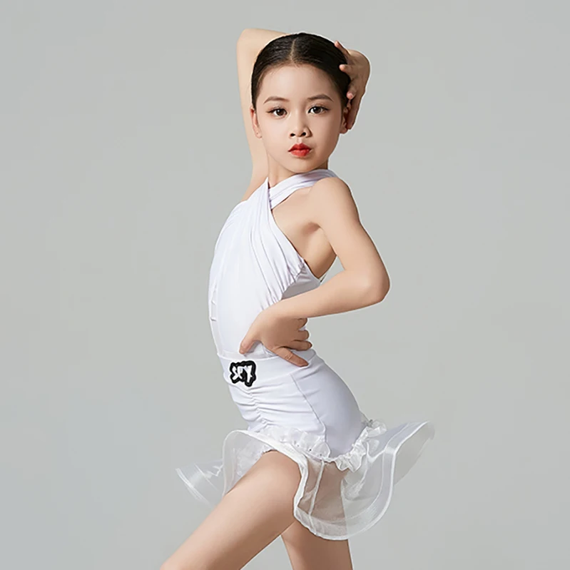 

Kids Girls Latin Dance Halterneck Bodysuit Mesh Fishbone Skirt Rumba Dancewear Training Ballroom Competition Costumes