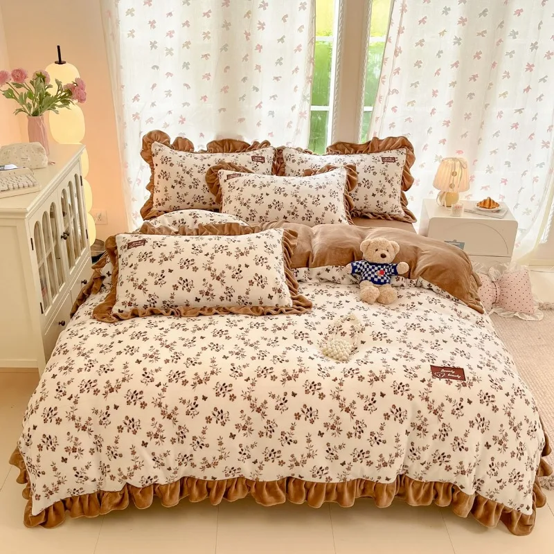 Comfortable high-gram milk fleece warm four-piece set, winter thickened warm and skin-friendly bedding four-piece set