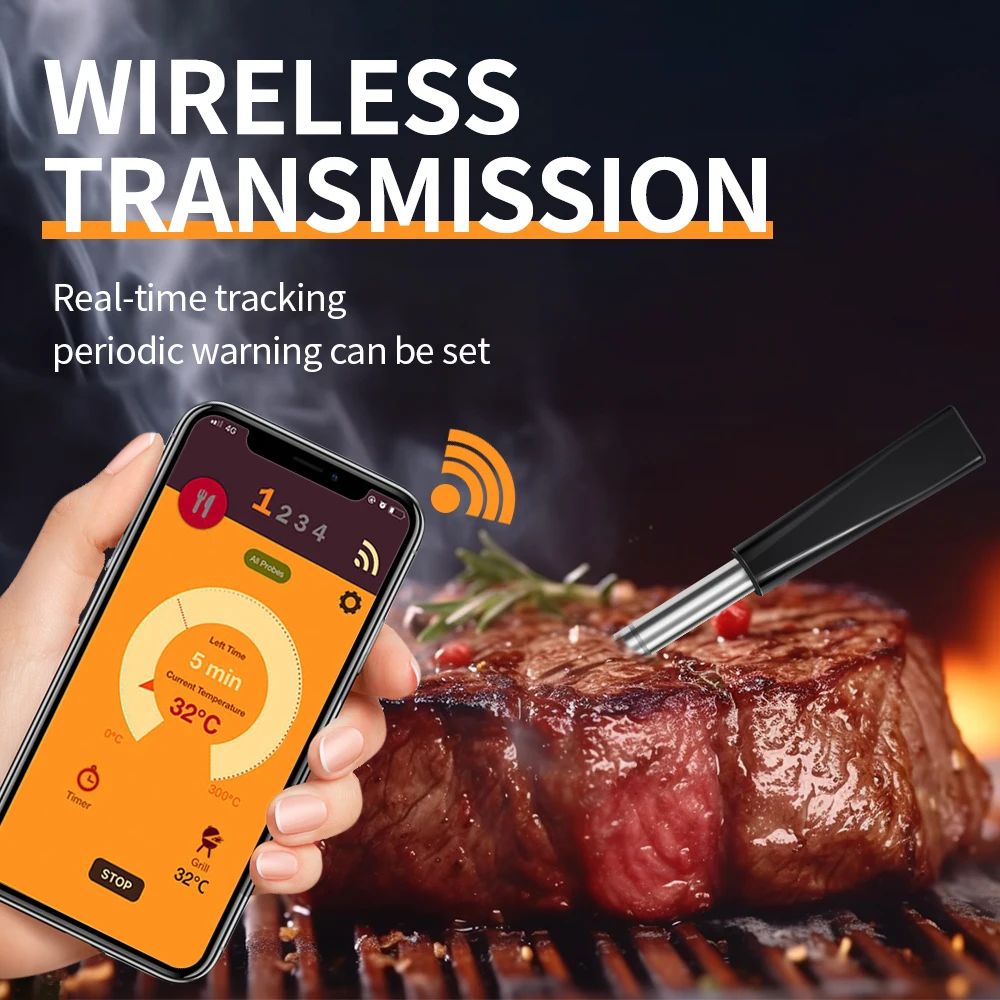 Smart Meat Thermometer Wireless Bluetooth APP Remote Monitoring Barbecue Thermometer for Oven Grill BBQ Rotisserie Kitchen Tool