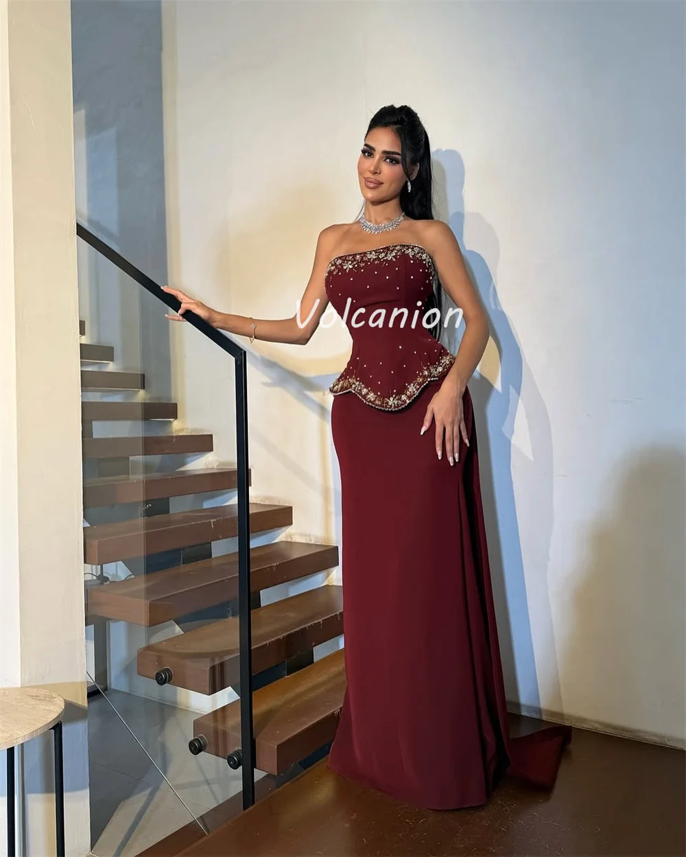 Customized Modern Style Sparkle Jersey Rhinestone Sequined Ruffle Pleat Straight Strapless Long Dresses Bespoke Occasion Dresses