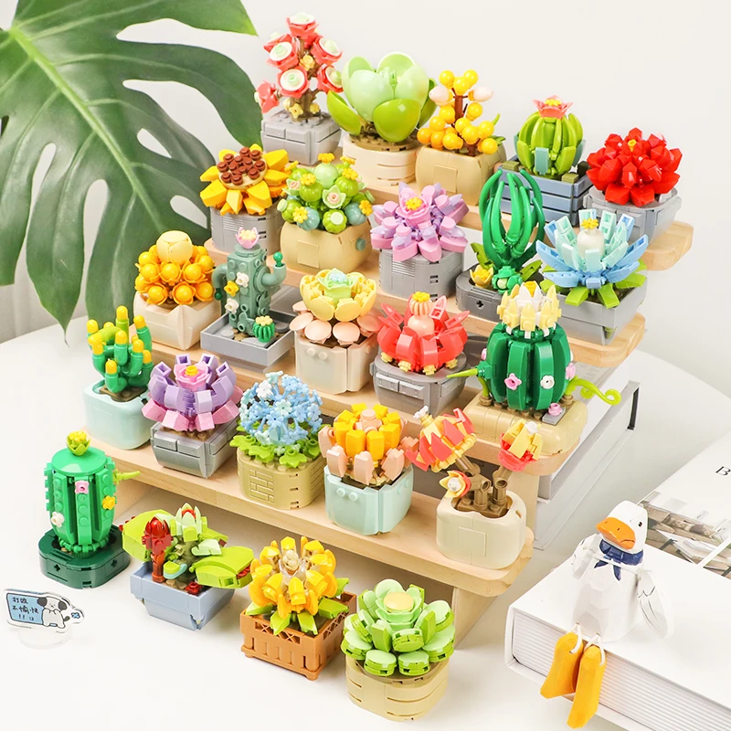 24 designs de blocos de buquê de flores colecionáveis, brinquedo de figura de rosa suculenta DIY, presente de Natal de aniversário infantil
