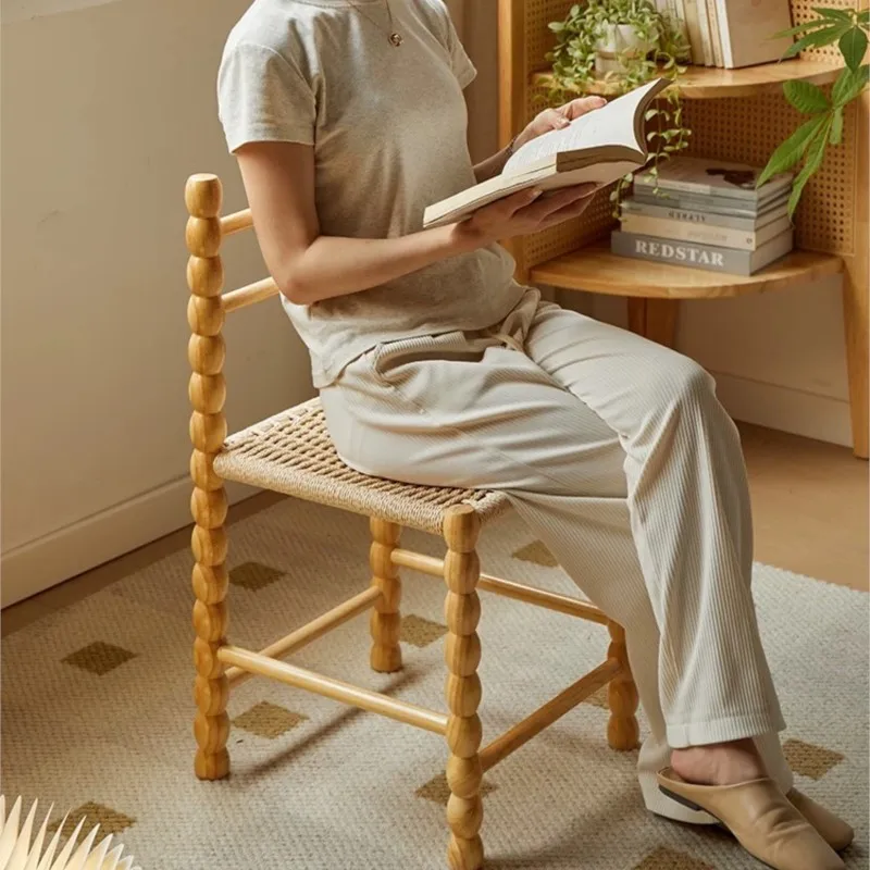 

Celebrity Backrest Gourd Small Stool French Light Luxury Solid Wood Dining Chair Japanese Design Retro Rope Braided Chair
