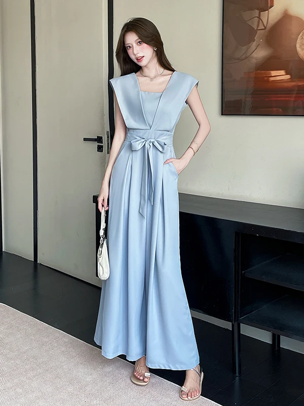 

Elegant Commute Style One-Piece Pants Women Summer Slimming Belt Design Long Drapey Wide Leg Trousers Casual Pure Color