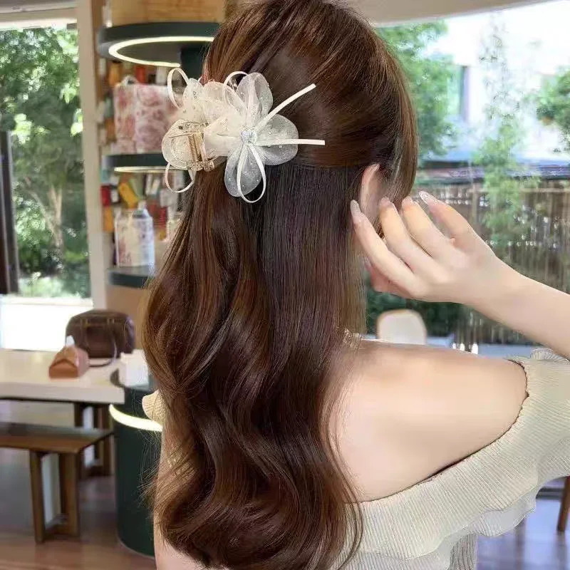 Bowknot Mesh Ribbon Flower Shark Clip Temperament Versatile Shark Clip Rhinestone Hairpin Ponytail Clip Hair Accessories