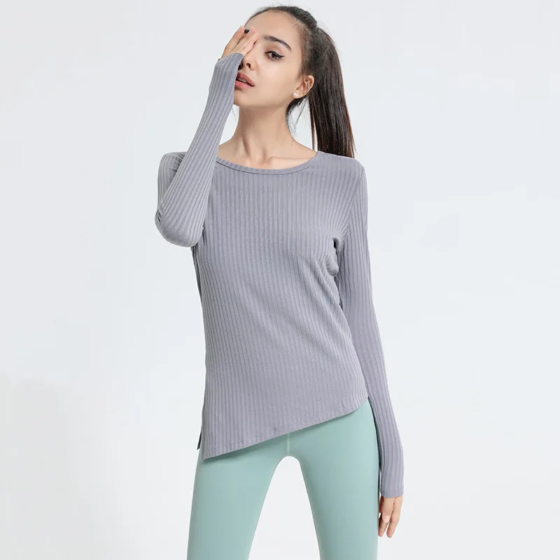 New Autumn and Winter Ribbed Sports Top Women\'s Long-sleeved Slim Slimming Breathable Round Neck Yoga Running Fitness Clothes