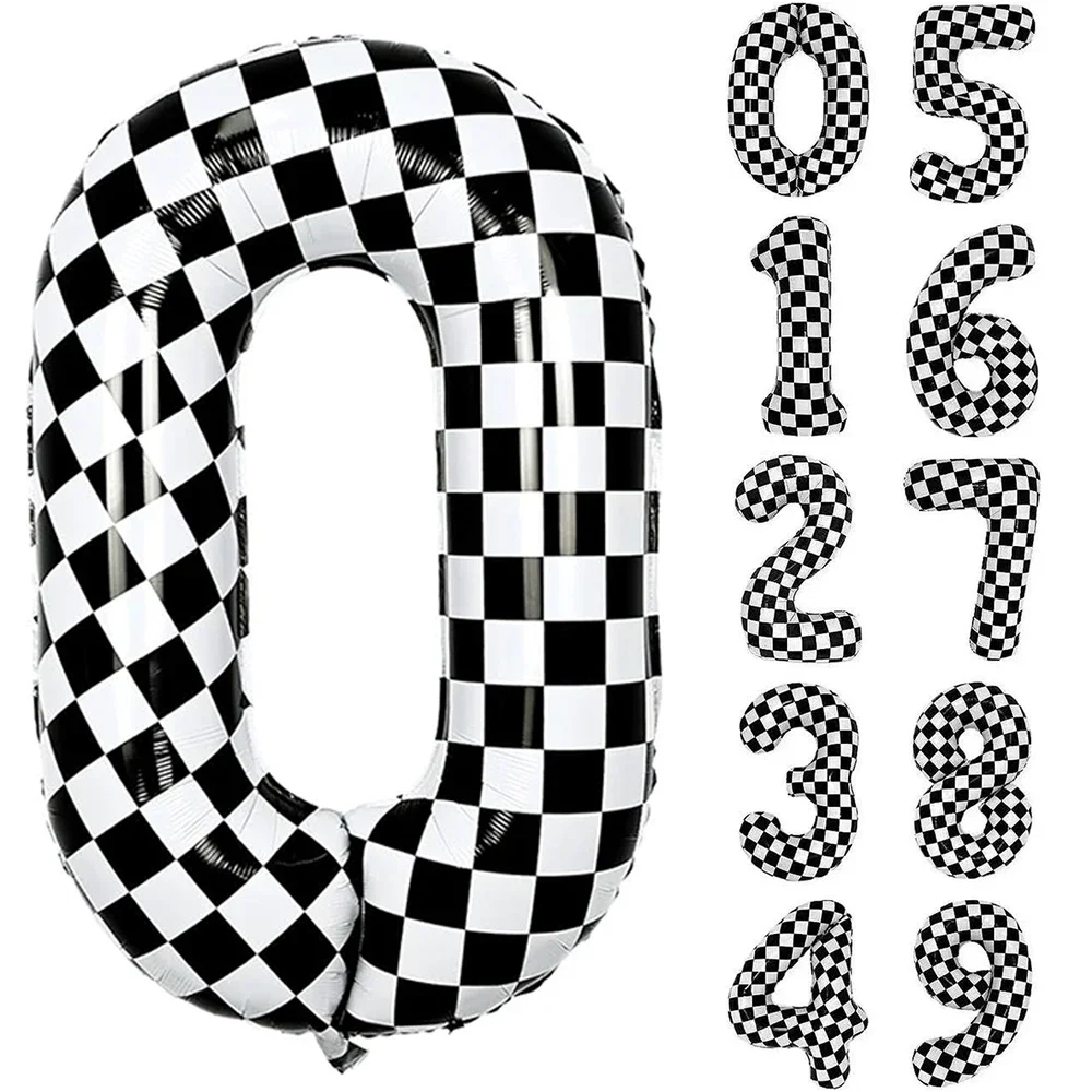 40Inch Checkered Digital Balloon Large Black and White Number 0-9 Foil Balloons for Race Car Birthday Motor Party Decorational