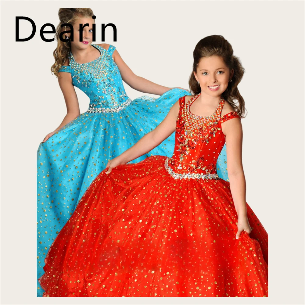 

Customized Dearin Shoulder Girdle Ball Gown Floor Length Skirts Sequin Tulle Flower Girl Dresses