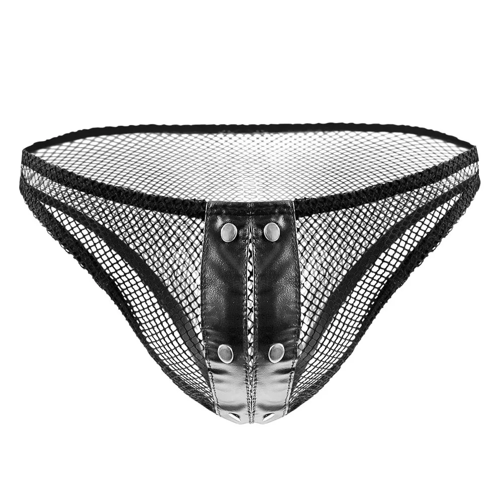 

Мужские сетчатые прозрачные трусы, сексуальные сетчатые трусы из искусственной кожи в стиле пэчворк, прозрачное нижнее белье с гвоздями, эротическое нижнее белье для геев с низкой посадкой, U-образный выпуклый чехол, танга