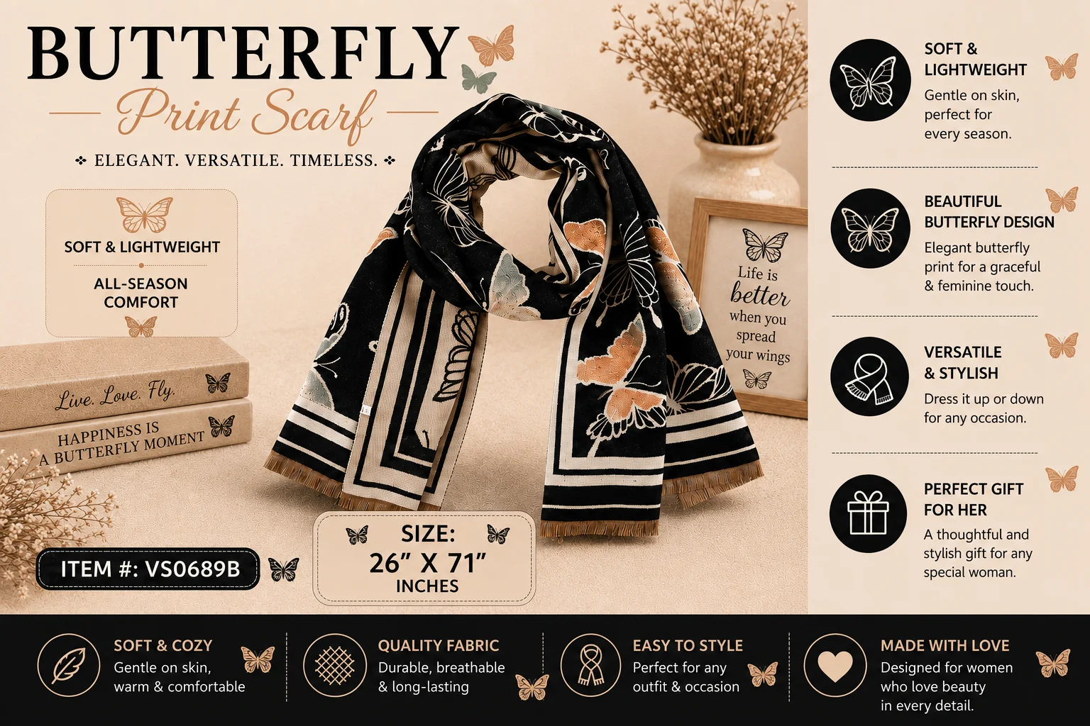 Elegant Butterfly Print Scarf Soft Lightweight Tassel Long Shawl Wrap All Season Fashion Scarves Gift for Women