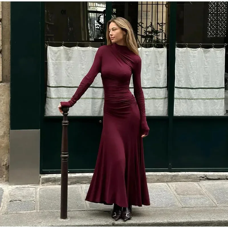 

Sexy Red Long Sleeved Women's Dress Autumn O Neck Slim Fit Red Spicy Girl Long Dress 2024 New Casual High Street Wrapped Skirt