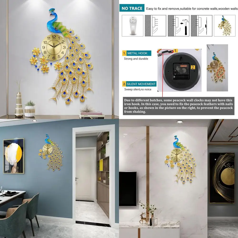 

Stylish 31.5 Inch Peacock Metal Art Silent Digital Wall Clock for Living Room in Gold