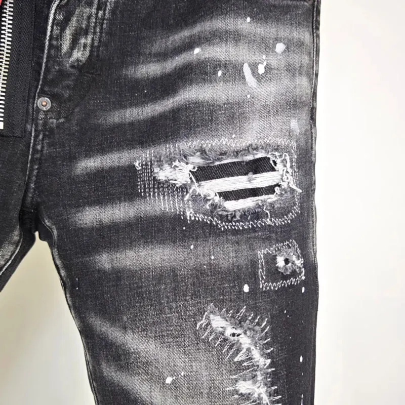 Street Fashion Men Jeans High Quality Retro Black Gray Stretch Slim Fit Ripped Jeans Men Painted Designer Hip Hop Brand Pants