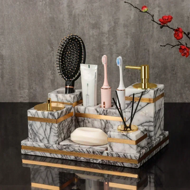 

Легкий роскошный натуральный сиреневый мрамор для ванной комнаты, 8-компонентный домашний настольный поднос для умывальника в отеле, лосьон для хранения бутылок, украшение, орнамент