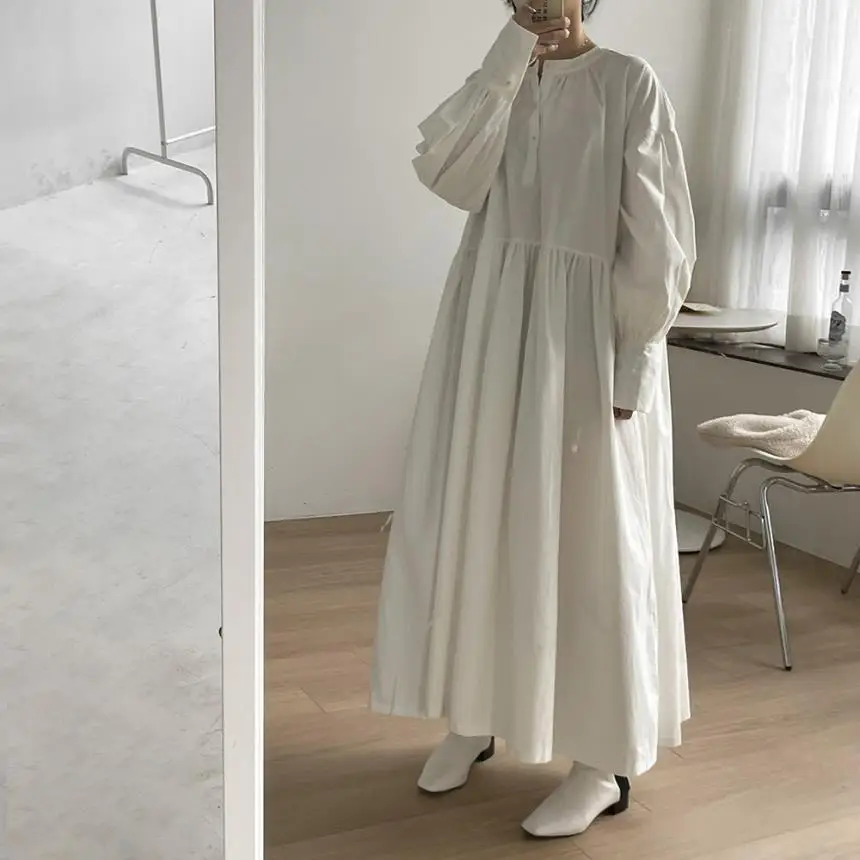 

Womens Dress 2026 Spring New Korean Edition Loose Bubble Sleeve Solid Color Simple Dress Fashionable and Stylish