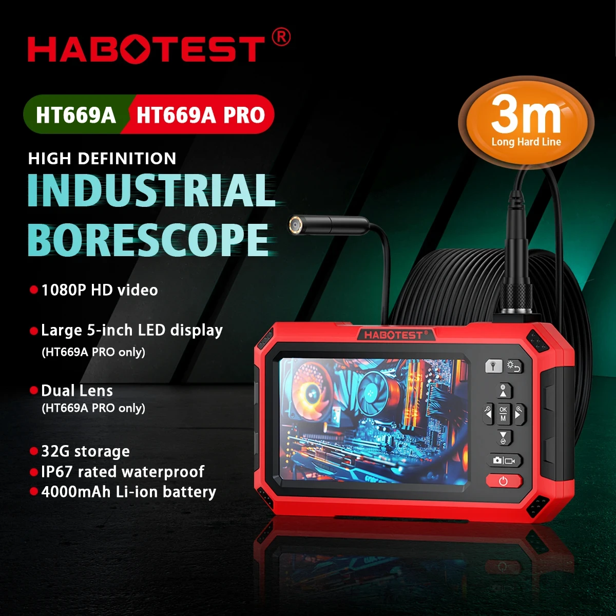 

HABOTEST HT669A PRO 5-inch dual-lens endoscope 7MM Automotive Mechanical Sewer Pipe Inspection Camera Video Industrial Endoscope