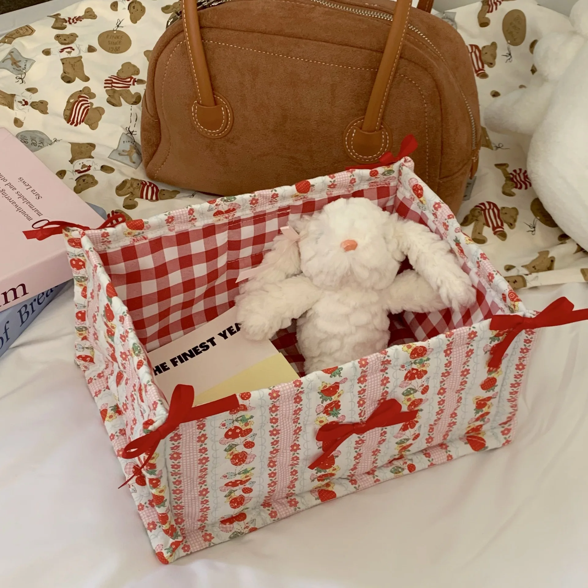 Cesta de almacenamiento acolchada estilo Ins, cesta de almacenamiento de escritorio, caja de almacenamiento, cosméticos, aperitivos, bolsa organizadora de artículos diversos pequeños