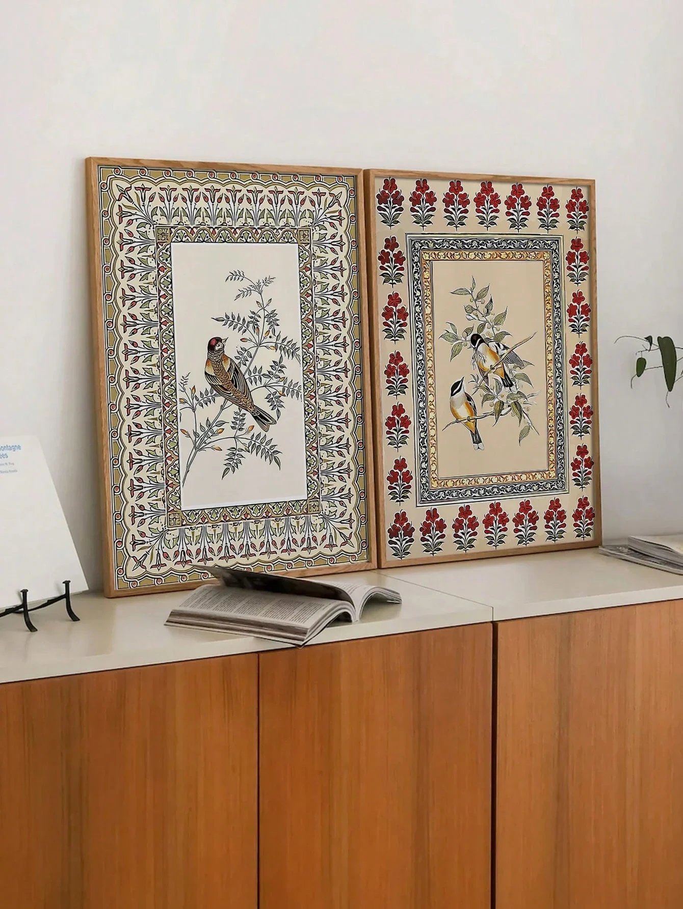 Unframed Set of 2 Canvas Wall Art Vintage Bird Floral Print, Oriental Ethnic Ornamental Border Poster for Living Room Home Decor