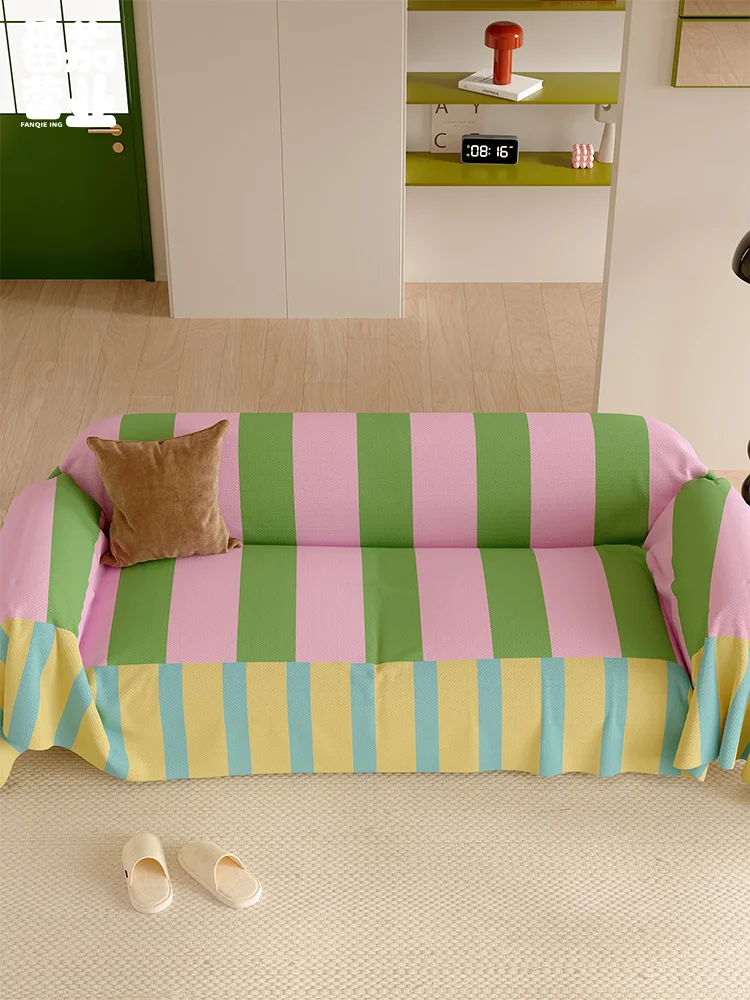 غطاء أريكة مخطط ملون على الطراز الكوري لغرفة المعيشة المنزلية مقاوم للغبار قماش أريكة منشفة غطاء أريكة عصري بسيط عالمي #4