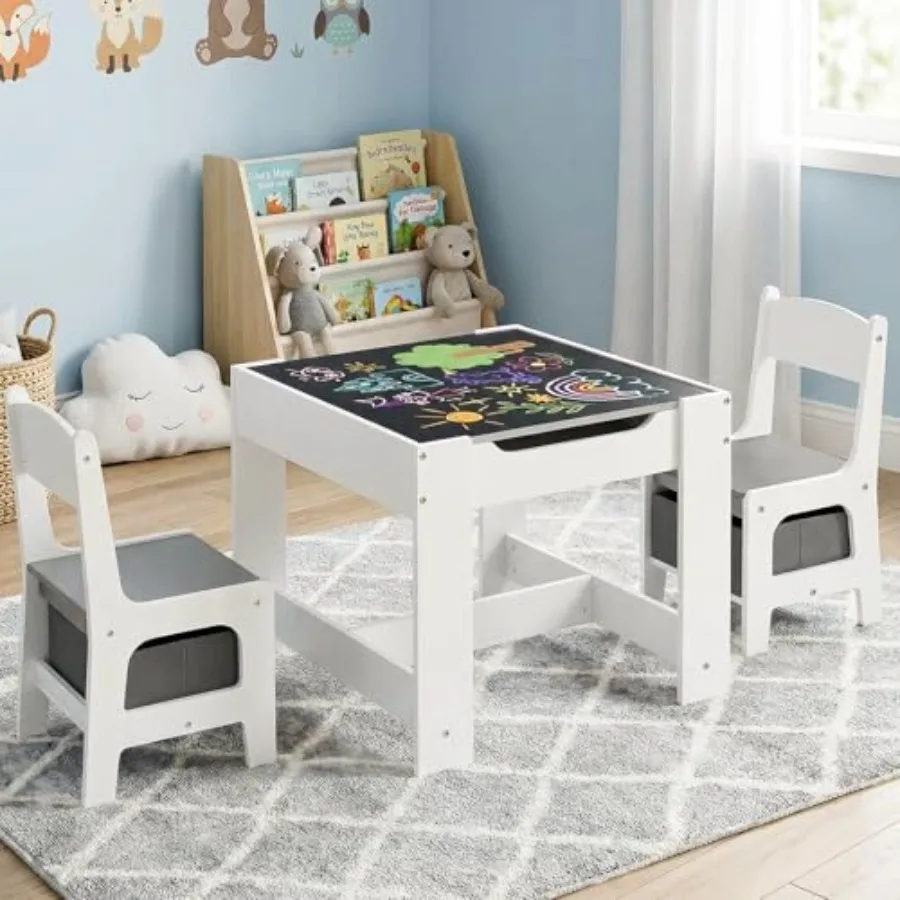 

4 in 1 Wooden Table and Chair Set with Storage Reversible Deskboard Blackboard Detachable Top for Toddlers Art Crafts Playroom