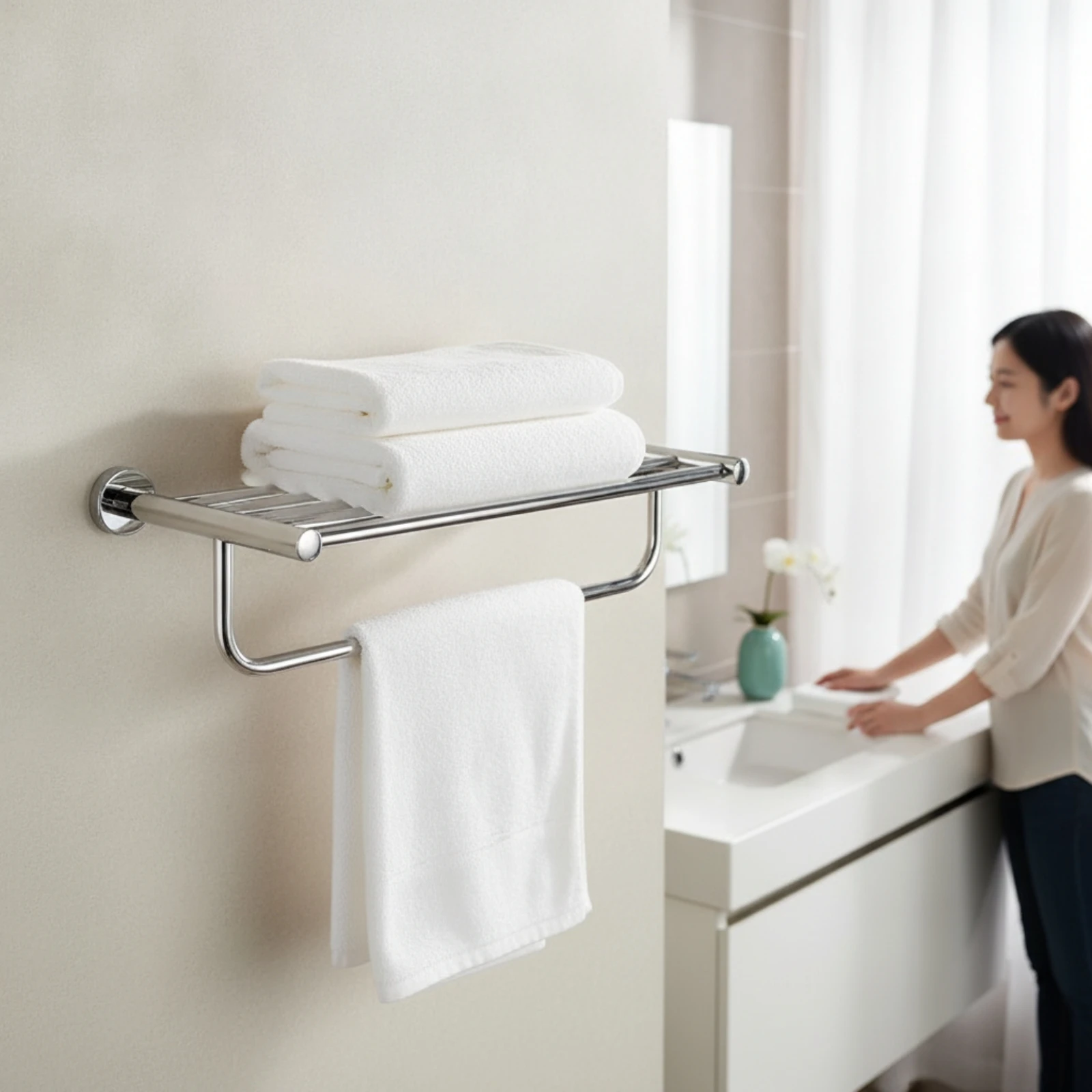 Wall Towel Rack with Shelf Compact Towel Bar with Shelf Hardware Minimalist Lightweight for Rental