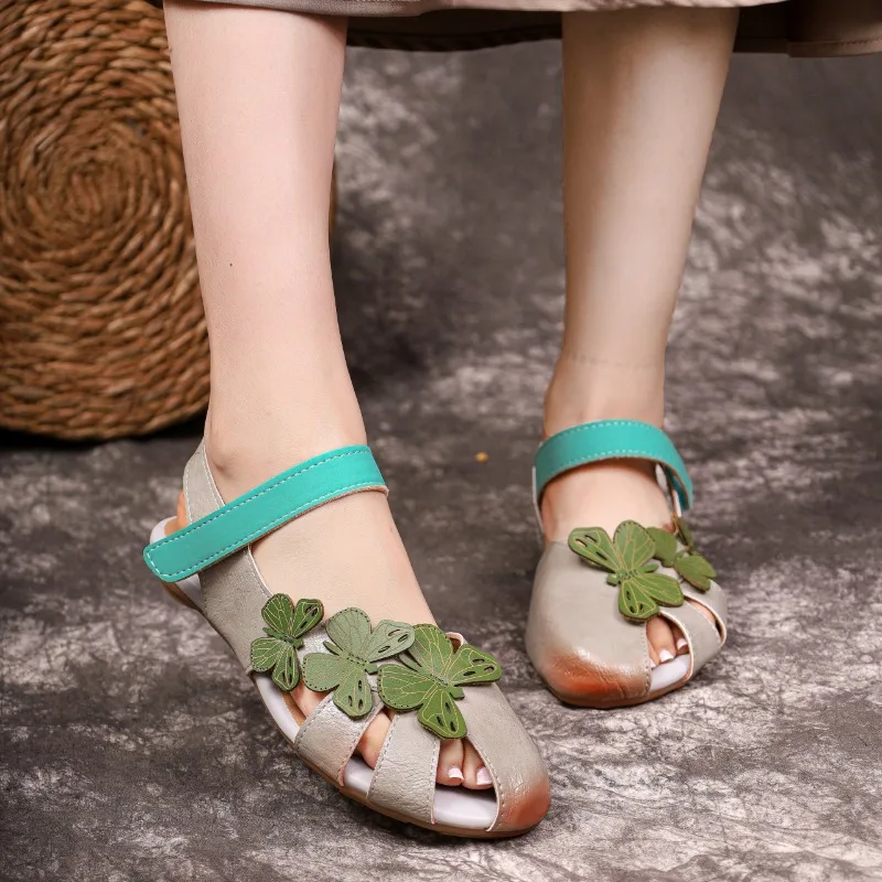 Women Distressed Leather Cutout Closed Toe Slingback Sandals 3D Green Butterfly Decor Turquoise Ankle Strap Flat Casual Shoes