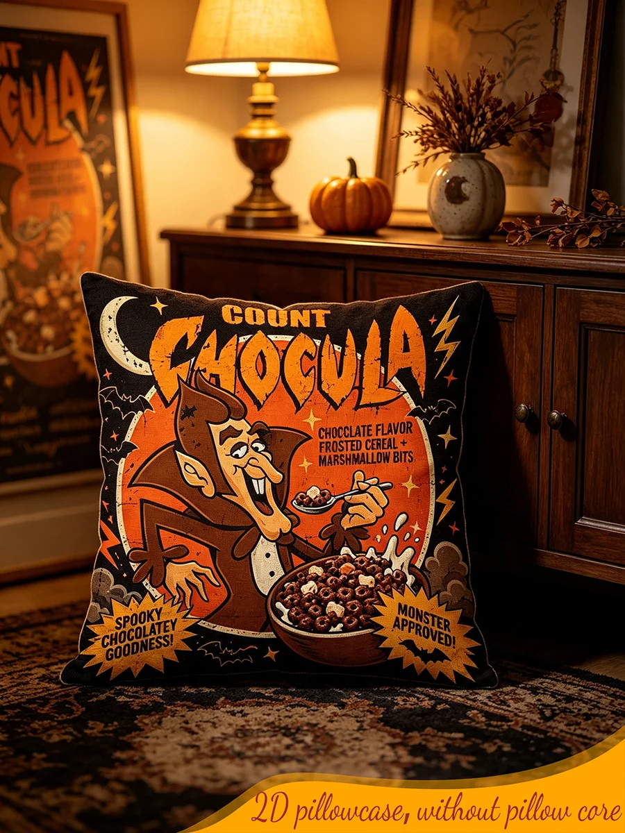 1PC Digital Print Pillow Cover Retro Count Chocula Cereal Vampire Cartoon Halloween Spooky Sofa Couch Bedroom Home Decor Gift