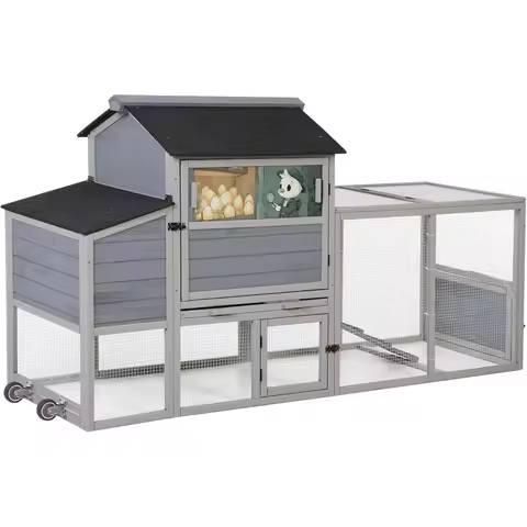 82-Inch Spacious Wooden Chicken Coop with Outdoor Rabbit Hutch, Wheels, Sunbathing Deck, Removable Top, Door, Window, and Pull-O