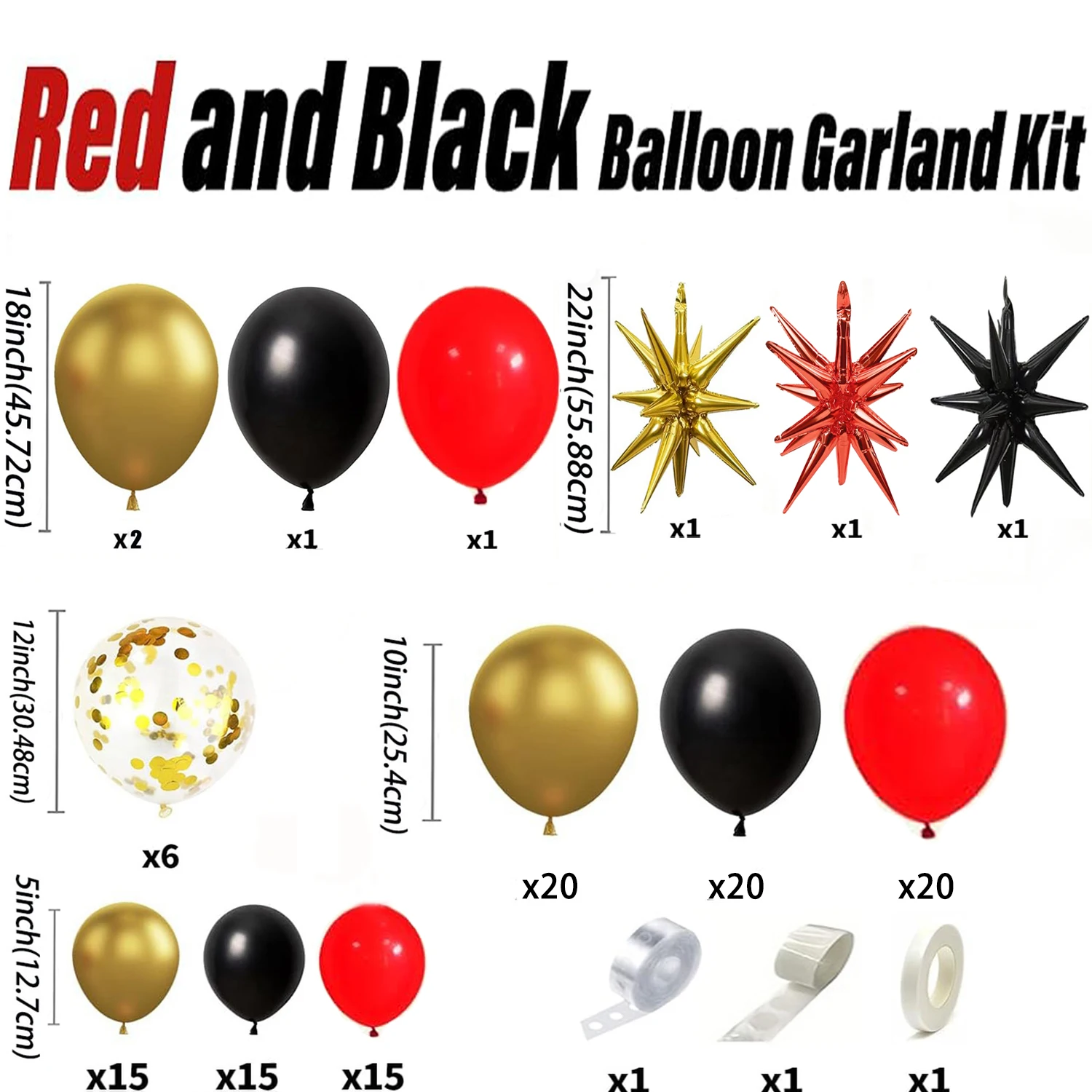 121Pcs Red Black Gold Balloons Garland Arch Kit with Starburst Foil Balloons for Wedding Anniversary Birthday Party Decorations