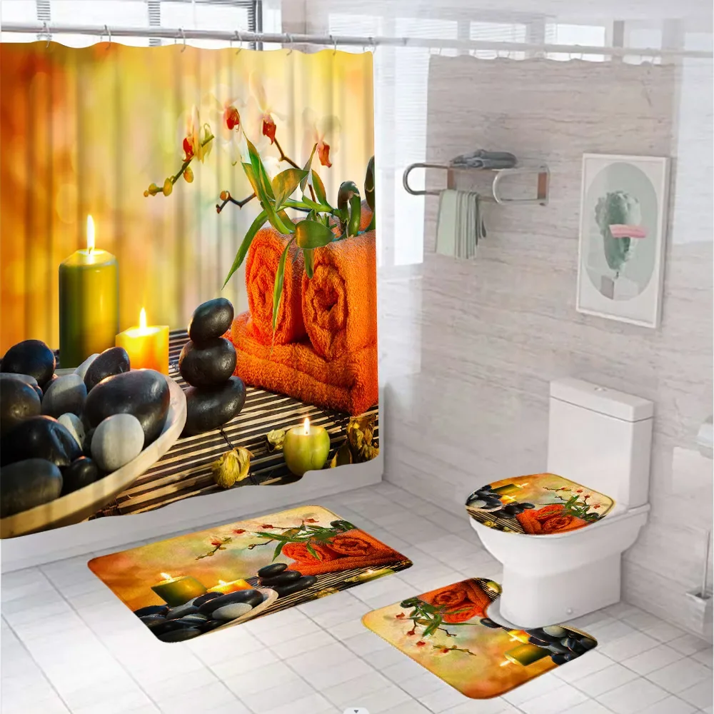 Spa Zen Stone Bamboo Leaves Shower Curtain Sets Orchid Flower Candle Bathroom Decor Screen Carpet Rug Bath Mat Toilet Lid Cover