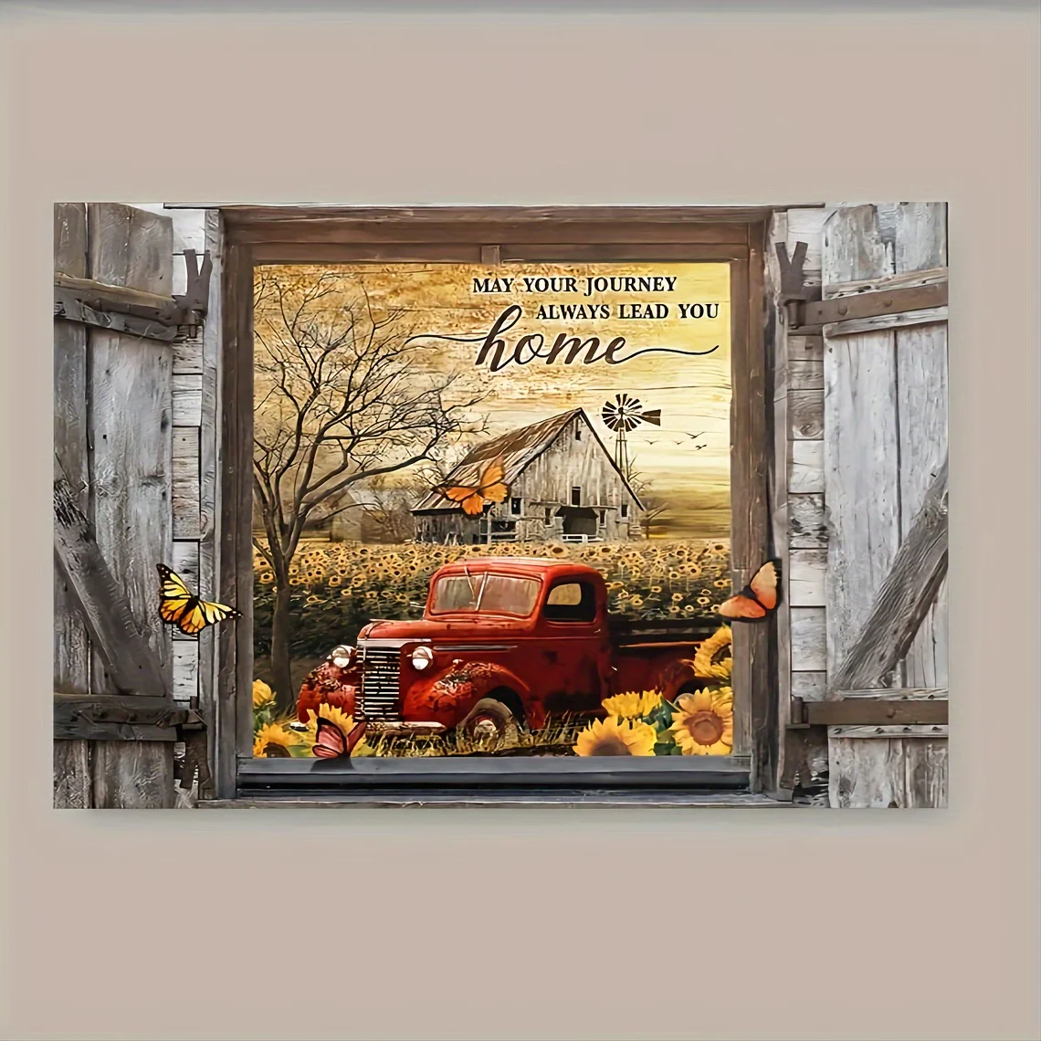 Wooden Framed Canvas Painting Rustic Red Old Truck Picture Kitchen Wall Art Print Suitable for Home Decor Living Room Bedroom